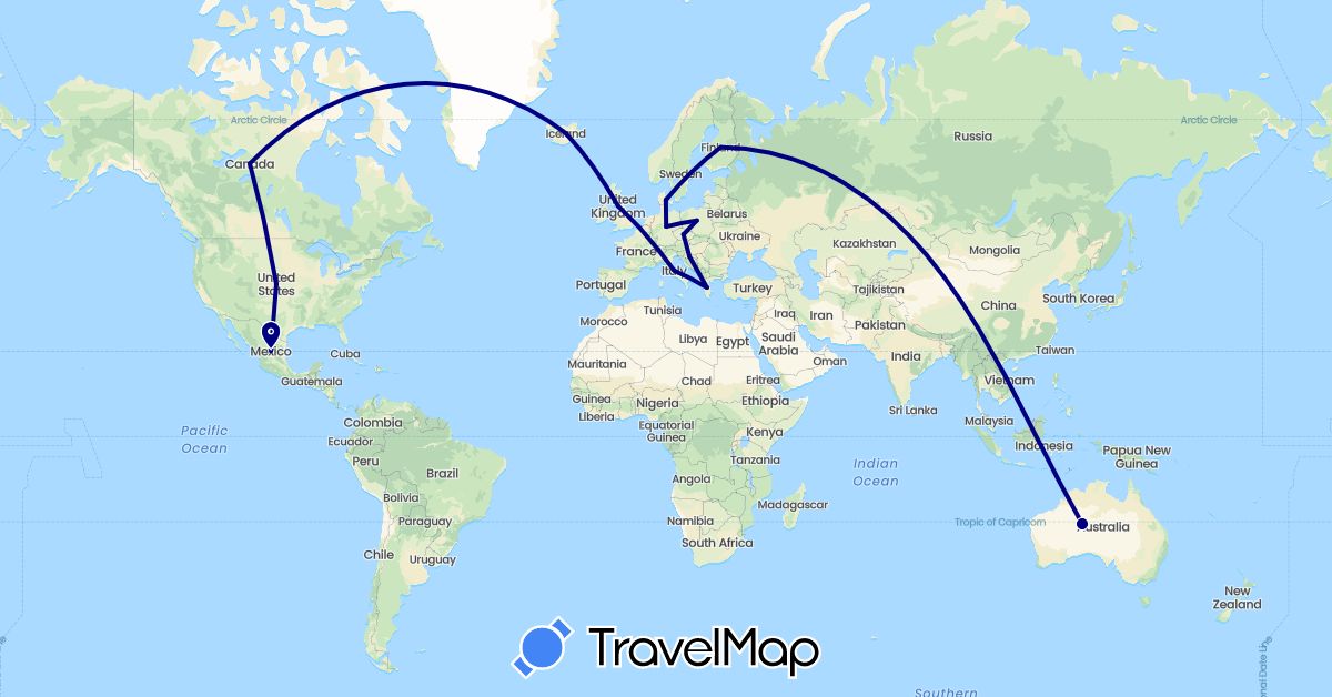 TravelMap itinerary: driving in Canada, Switzerland, Czech Republic, Germany, Denmark, Finland, United Kingdom, Greece, Croatia, Iceland, Italy, Norway, Poland (Europe, North America)